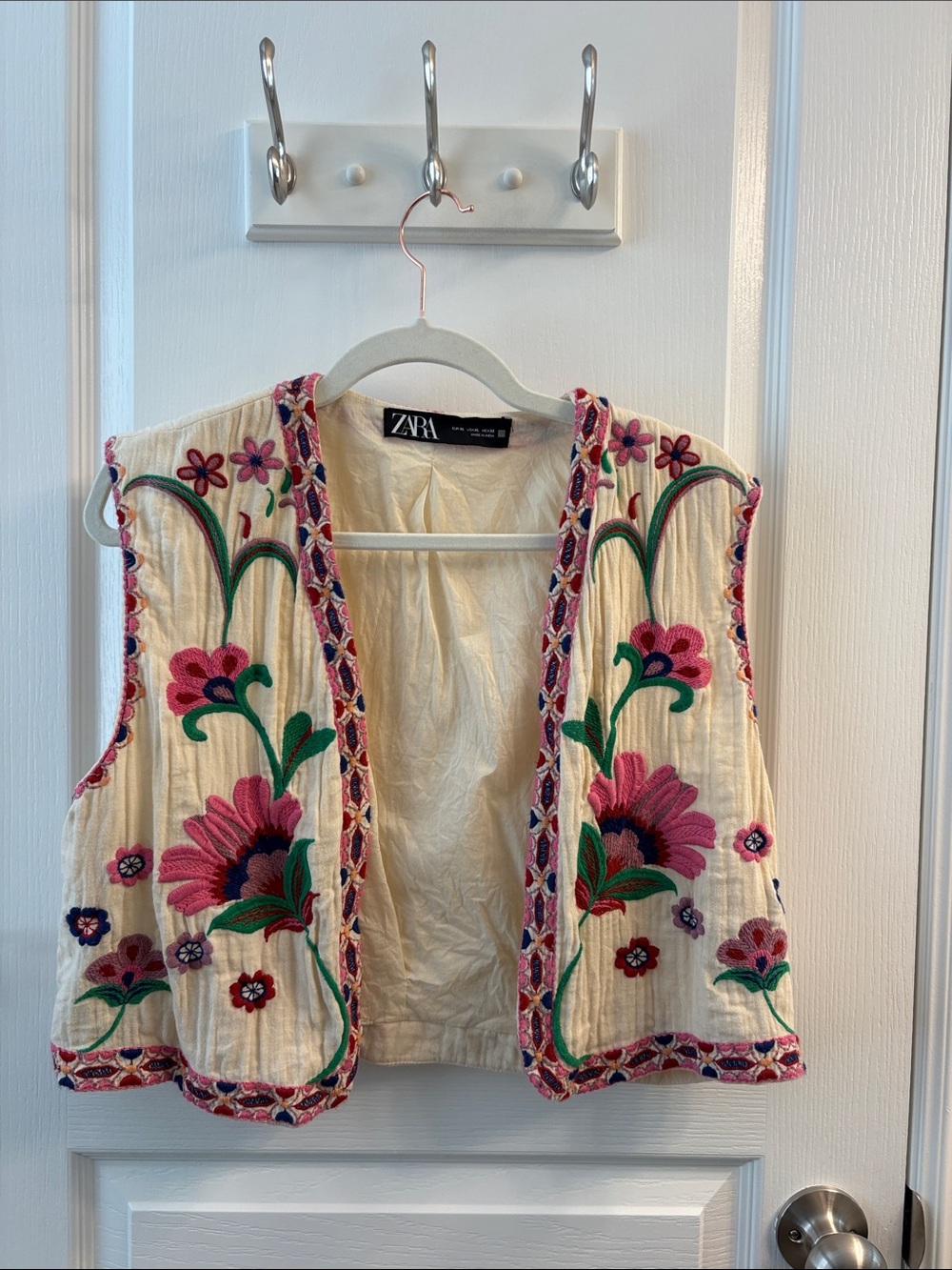 ZARA Cream Embroidered Floral Vest with Pink & Green Accents